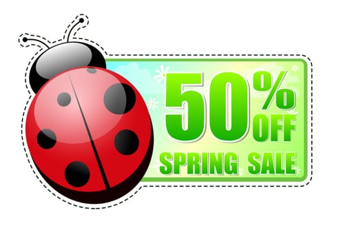 50 percentages off spring sale banner - text in green label with red ladybird and white flowers, business concept