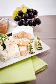 different cheese types on plate with grapes and red wine on wooden table
