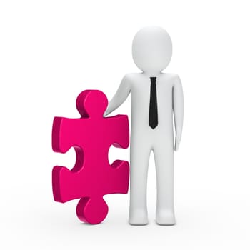 3d business man hold a puzzle pink