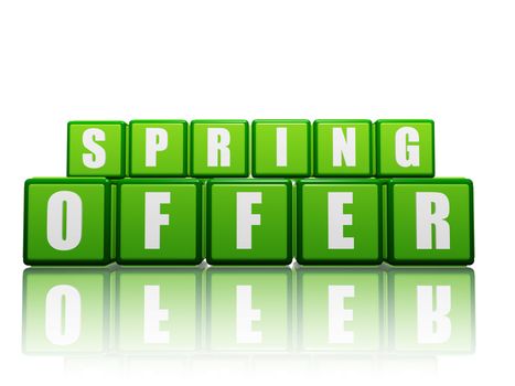 spring offer boxes - text in 3d green cubes with letters, business marketing concept