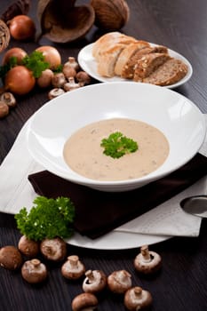 fresh chmapignon cream soup with parsley decorated on wooden table