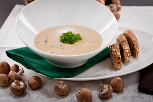 fresh chmapignon cream soup with parsley decorated on wooden table