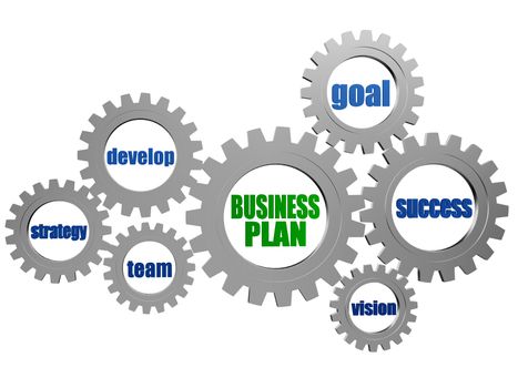 business plan - business concept words in 3d silver grey gearwheels