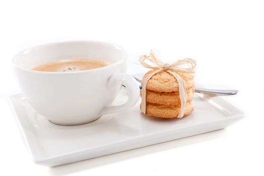fresh aromatic coffee and cookies on wooden table 