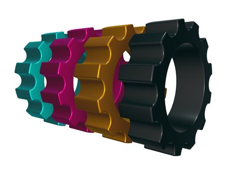 gear wheels in cmyk colors on white background - 3d illustration