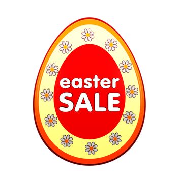 easter sale banner - 3d red egg shape label with white text and flowers, business concept