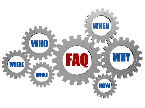 red faq and blue question words in 3d silver grey gearwheels