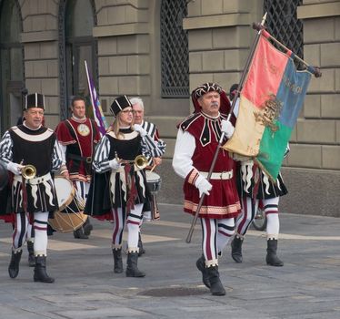 Participants of the National championship of the medieval flag bearers and musicians in Faenza, Italy