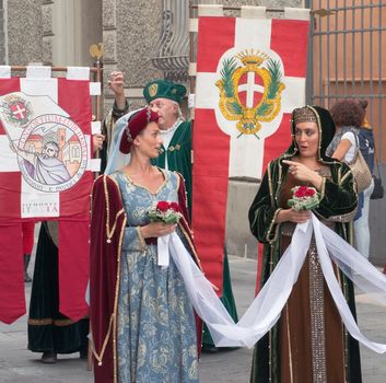 Participants of the National championship of the medieval flag bearers and musicians in Faenza, Italy