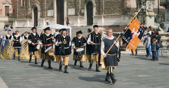 Participants of the National championship of the medieval flag bearers and musicians in Faenza, Italy