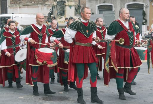 Participants of the National championship of the medieval flag bearers and musicians in Faenza, Italy