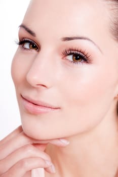 natural beautiful woman face closeup portrait isolated on white