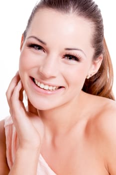 natural beautiful woman face closeup portrait isolated on white
