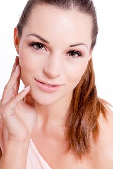 natural beautiful woman face closeup portrait isolated on white