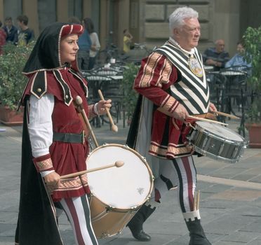 Participants of the National championship of the medieval flag bearers and musicians in Faenza, Italy