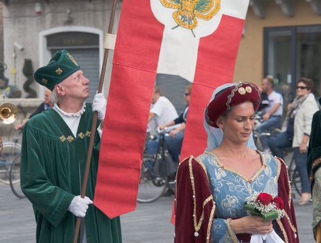 Participants of the National championship of the medieval flag bearers and musicians in Faenza, Italy