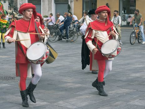 Participants of the National championship of the medieval flag bearers and musicians in Faenza, Italy