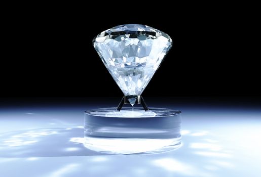 a closeup of a big diamond placed on a cylindrical support made of glass, with some light reflections on the floor and a black background