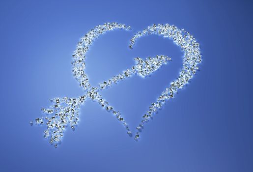 a group of many small diamonds have been put together to form a shape that represents a heart with a arrow inside it on a blue background