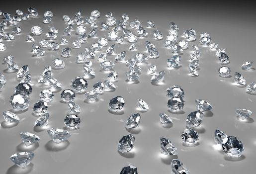 many diamonds of different size and in a random disposition are lying on a grey floor, with a light over them that fades to dark in the distance