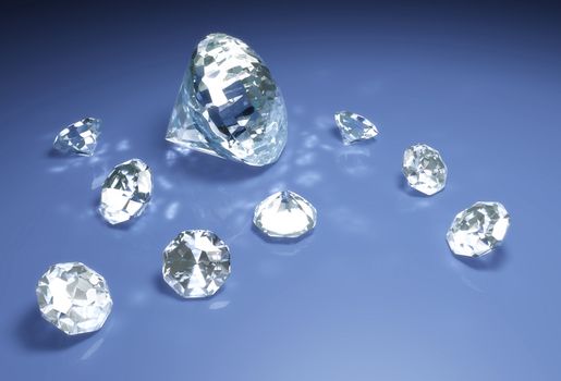 a closeup of a group of eight small diamonds and a bigger one are lying down on a blue surface with some reflections of light around them