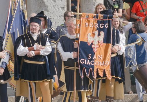 Participants of the National championship of the medieval flag bearers and musicians in Faenza, Italy