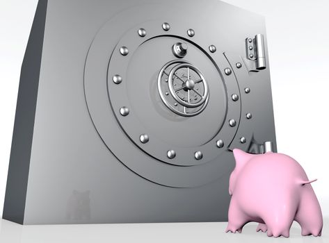 a bottom view of a pink piggy bank that is watching with envy or surprise a metal big safe with a rounded closed door