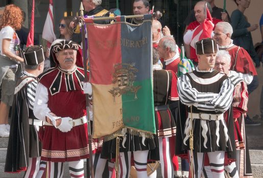 Participants of the National championship of the medieval flag bearers and musicians in Faenza, Italy