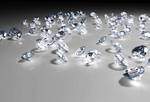 some diamonds of different size and in a random disposition are lying on a grey floor, with a light over them that fades to dark in the distance