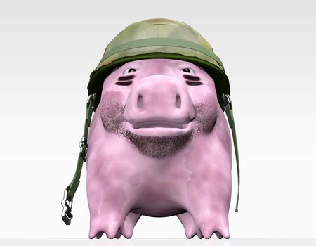 a bottom view of a dirty pink piggy bank with a unfastened mimetic helmet on his head and some short beard that seems he would want to control and to give orders