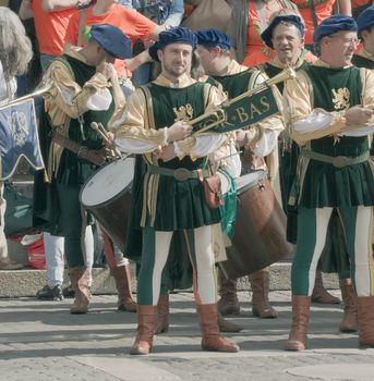 Participants of the National championship of the medieval flag bearers and musicians in Faenza, Italy