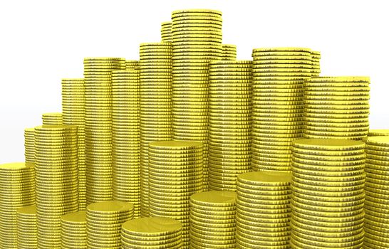 a closeup of stacks of clean and shiny golden coins that have different height, higher in the centre, lower at sides