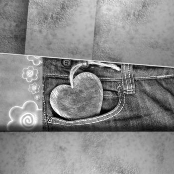 cute cards lovers, jeans, heart and flowers in black and white