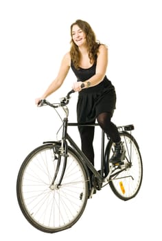 Woman on a bicycle isolated on white background