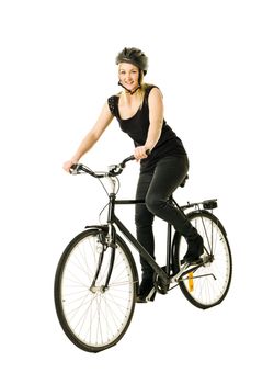 Woman on a bicycle isolated on white background