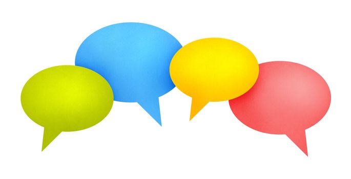 Concept image on communication theme with bright colored speech bubbles. Isolated on white.