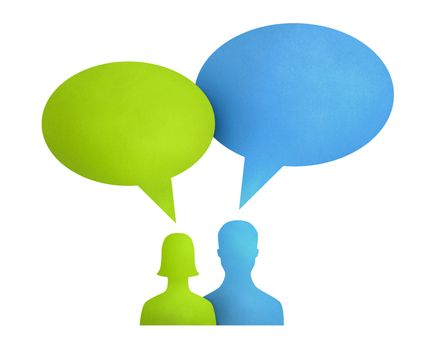 Concept image on communication theme between people used bright colored speech bubbles. Isolated on white.
