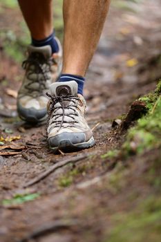 Hiker - hiking shoes closeup from hike walk. Walking male shoes with copy space. From forest.