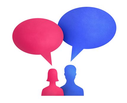 Concept image on communication theme between two people used bright colored speech bubbles. Isolated on white.