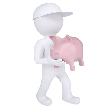 3d white man holding a piggy bank. Isolated render on a white background