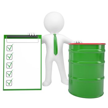 3d white man holding a paper holder and a green barrel. Isolated render on a white background