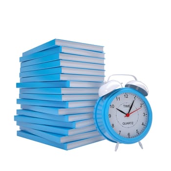 Blue books and alarm clock. Isolated render on a white background