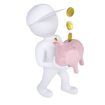 3d white man holding a piggy bank. Isolated render on a white background