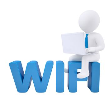 3d man with laptop sitting on the WIFI. Isolated render on a white background