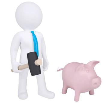 3d white man with a hammer next to the piggy bank. Isolated render on a white background