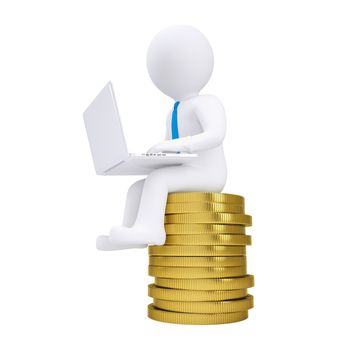 3d man with laptop sitting on a pile of gold coins. Isolated render on a white background