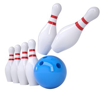 Bowling ball knocks down pins. Isolated render on a white background