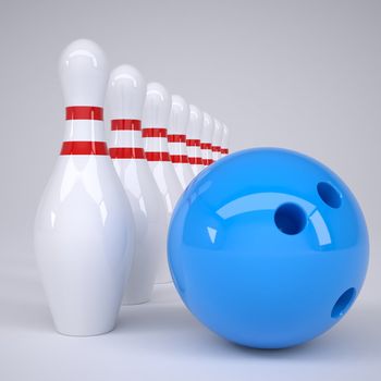 Bowling ball and pins. Render on a gray background