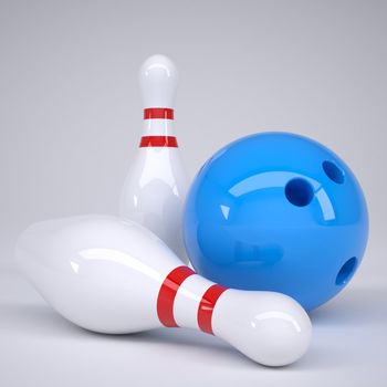 Bowling ball and pins. Render on a gray background