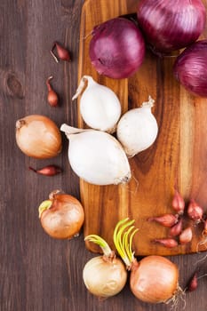 Different varieties of onions on a kitchen board and wooden surface